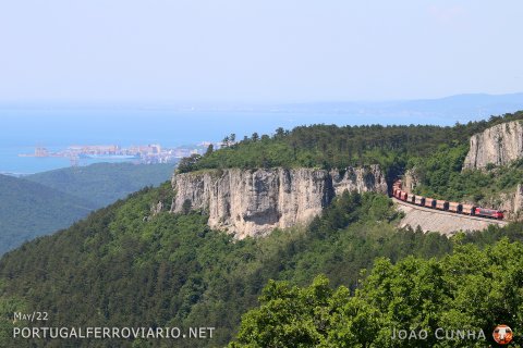 With Trieste in the background, a "Brižita" passes Črnotiče with an empty coal train to the Koper port that has entered Slovenia at Spielfeld