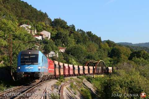 Climbing the 25/1000 continuous gradient at Podpec, the only blue Taurus (541.016) unites efforts with 541.006 and Brigitte 028 for this loaded coal train