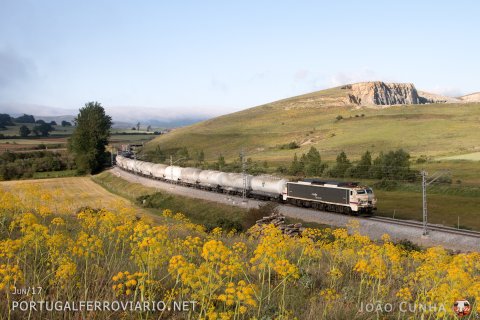Train 83666 Muriedas - Mataporquera enters its final station hauled by 251.026 formed by hopper wagons to load cement at the local factory