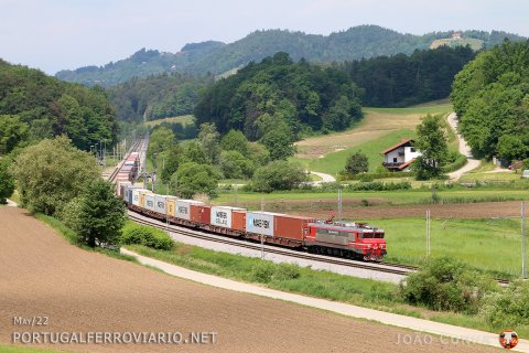 Through the hilly section at Dolga Gora 363.036 leads a containers train to Hungary