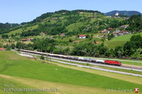 Taurus 541.105 leading this train from Ljubljana to Austria approaching Lasko, land of a famous Slovenian pivo (beer!)