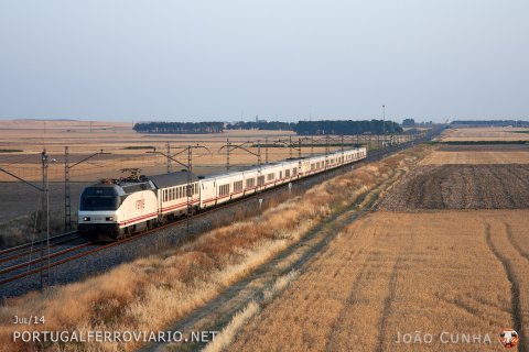 252.033 leading the Lusitania Lisboa - Madrid trenhotel with an extra conventional coach and the Ferrol - Madrid trenhotel, near Palacios de Goda