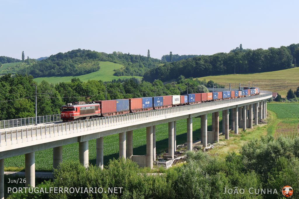 363.030 passes through the new bridge at Pesnica di Mariboru with a containers train from Austria to the Koper port